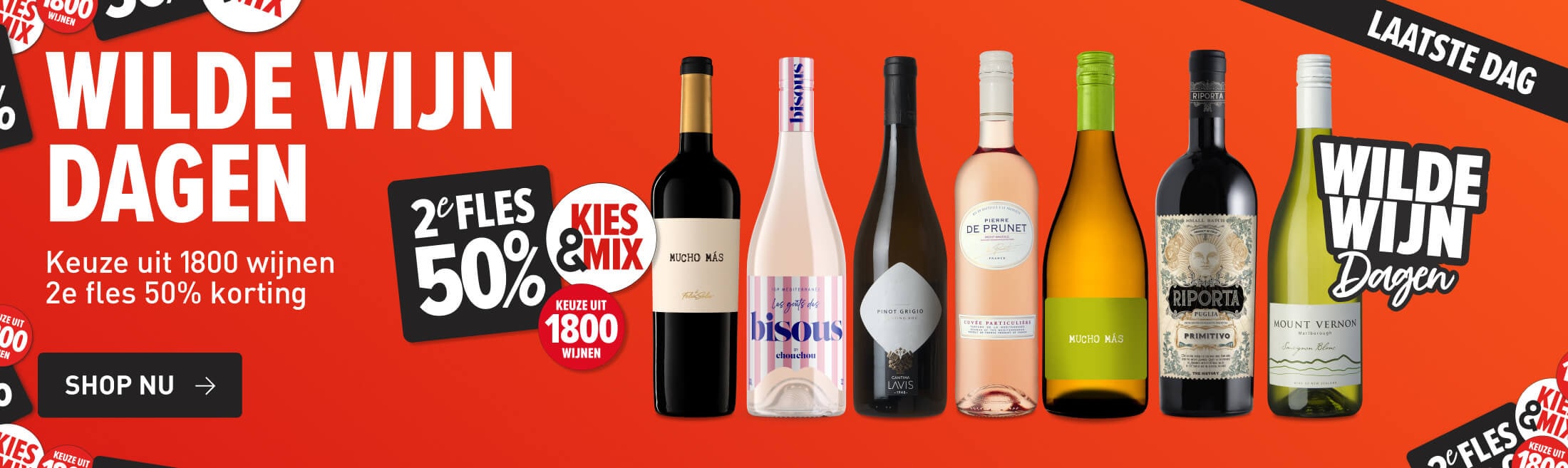Wilde Wijn Dagen. Keuze uit 1800 wijnen 2e fles 50% korting kies & mix. Laatste dag